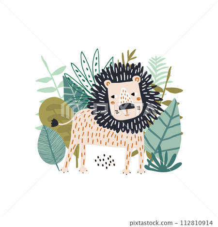 Cute cartoon lion surrounded by tropical plants, branches. Lion in the Jungle. Childish print for nursery, kids apparel,poster, postcard. Vector Illustration Cute cartoon lion surrounded by tropical plants, branches. Lion in the Jungle. Childish print for nursery, kids apparel,poster, postcard. Vector Illustration 112810914