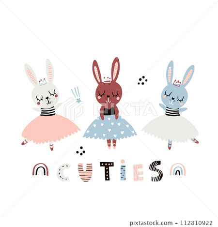 Cute cartoon bunny girls ballerinas in floral. Childish print for nursery, kids apparel,poster, postcard. Vector Illustration Cute cartoon bunny girls ballerinas in floral. Childish print for nursery, kids apparel,poster, postcard. Vector Illustration 112810922