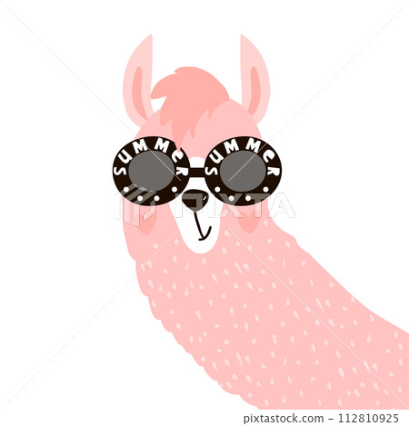 Cute Lama face in glasses. Childish print for fabric, t-shirt, poster, card, baby shower. Vector Illustrtion 112810925