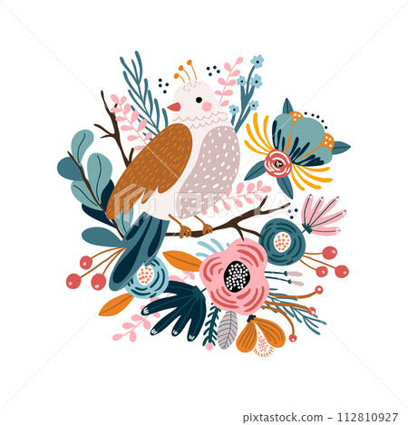 Creative bird on tree branch with floral composition around. Cartoon bird in scandinavian vector illustration .Ready design for greeting card, posters, apparel 112810927