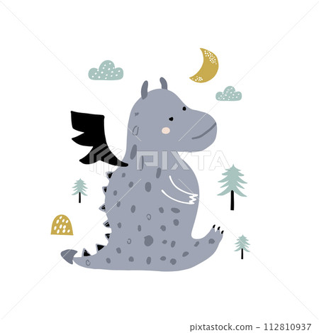 Cute hand drawn dragon. Cartoon little gragon vector illustration in scandinavian style. Creative vector apparel print 112810937