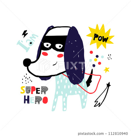 Cute hand drawn with ink dog super hero. Cartoon super hero bear illustration in scandinavian style.Ready design for greeting card, posters, apparel 112810940