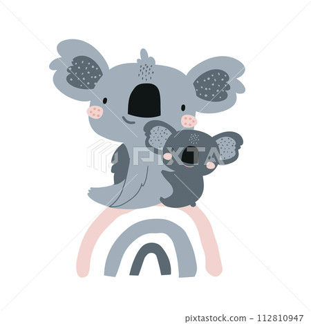 Cute koala Mom baby on rainbow illustration in scandinavian style. Childish print for nursery, kids apparel,poster, postcard. Vector Illustration Cute koala Mom baby on rainbow illustration in scandinavian style. Childish print for nursery, kids apparel,poster, postcard. Vector Illustration 112810947