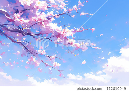Illustration of pink cherry blossoms that shine against the blue sky 112810949