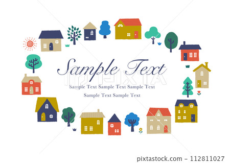 城市景觀的插圖，兩旁排列著可愛、簡單、色彩繽紛的建築 112811027
