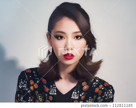 A cool woman with unique makeup looking straight ahead (AI generated image) 112811185