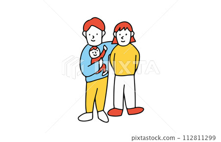 抱著嬰兒的年輕夫婦，分娩和育兒的圖像插圖 112811299