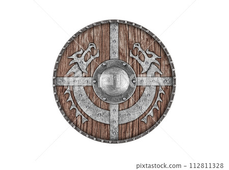Old decorated wooden round shield isolated on white background 112811328
