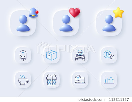 Usa close borders, Coffee and Bitcoin pay line icons. Placeholder with 3d bell, star, heart. Pack of Package, Gift box, Work home icon. Growth chart, Swipe up pictogram. For web app, printing. Vector 112811527