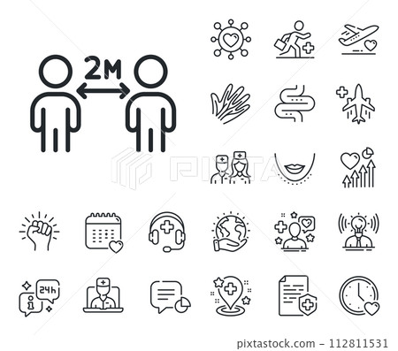 2 meters distance between sign. Online doctor, patient and medicine outline icons. Social distancing line icon. Coronavirus pandemic symbol. Social distancing line sign. Vector 112811531