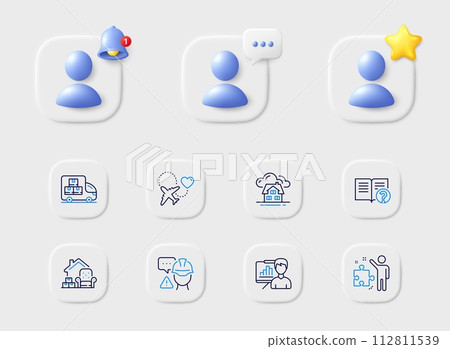 Presentation board, Delivery truck and Honeymoon travel line icons. Placeholder with 3d star, reminder bell, chat. Pack of Builder warning, Help, Building icon. Vector 112811539