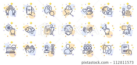 Outline set of Psychology, People chatting and Job interview line icons for web app. Include Parcel invoice, Refer friend, Internet app pictogram icons. Wash hands, Select user. Vector Outline set of Psychology, People chatting and Job interview line icons for web app. Include Parcel invoice, Refer friend, Internet app pictogram icons. Wash hands, Select user. Vector 112811573