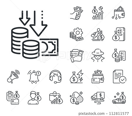 Price reduction sign. Cash money, loan and mortgage outline icons. Deflation line icon. Reduce rate symbol. Deflation line sign. Credit card, crypto wallet icon. Inflation, job salary. Vector 112811577