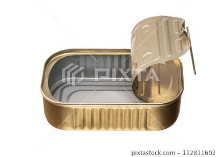 Empty fish can opened empty metal tin isolated on white background. Empty open conserve of copper color. Top view 112811602