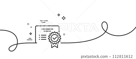 Certificate line icon. Continuous one line with curl. Verified document sign. Accepted or confirmed symbol. Certificate single outline ribbon. Loop curve pattern. Vector Certificate line icon. Continuous one line with curl. Verified document sign. Accepted or confirmed symbol. Certificate single outline ribbon. Loop curve pattern. Vector 112811612
