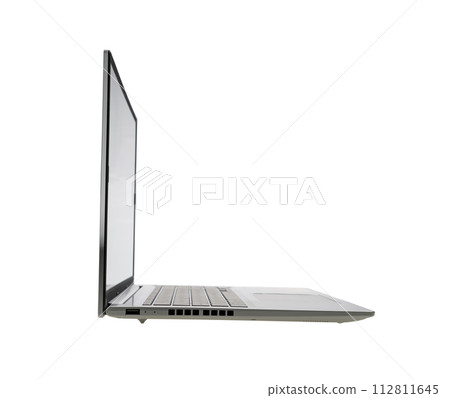 Modern portable computer mockup laptop pc isolated on white background copy space. Side view of the communications interface. Modern portable computer mockup laptop pc isolated on white background copy space. Side view of the communications interface. 112811645