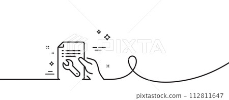 Spanner tool line icon. Continuous one line with curl. Repair service document sign. Fix instruments symbol. Repair document single outline ribbon. Loop curve pattern. Vector 112811647