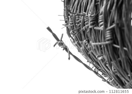 Macro barbed wire close-up on white isolated background for creating property protection fences and marking territory boundaries. Macro barbed wire close-up on white isolated background for creating property protection fences and marking territory boundaries. 112811655