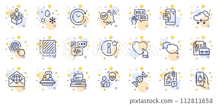 Outline set of Augmented reality, Bid offer and Cyber attack line icons for web app. Include Typewriter, Vacancy, Info pictogram icons. Phone repair, Time change, Chemistry dna signs. Vector Outline set of Augmented reality, Bid offer and Cyber attack line icons for web app. Include Typewriter, Vacancy, Info pictogram icons. Phone repair, Time change, Chemistry dna signs. Vector 112811658
