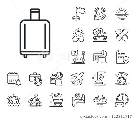 Airplane luggage sign. Plane jet, travel map and baggage claim outline icons. Airport baggage reclaim line icon. Flight checked bag symbol. Baggage reclaim line sign. Vector Airplane luggage sign. Plane jet, travel map and baggage claim outline icons. Airport baggage reclaim line icon. Flight checked bag symbol. Baggage reclaim line sign. Vector 112811717
