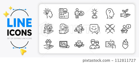 Heart flame, Teamwork chart and Photo studio line icons set for app include Women headhunting, Education, Discount coupon outline thin icon. Helping hand, Couple, Idea pictogram icon. Vector 112811727