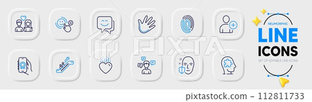 Award app, Mental conundrum and Smile face line icons for web app. Pack of Add user, Fingerprint, Conversation messages pictogram icons. Face protection, Escalator, Couple love signs. Vector 112811733