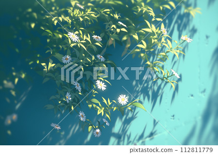 Background illustration of green and white flowers near the wall where the sunlight hits 112811779
