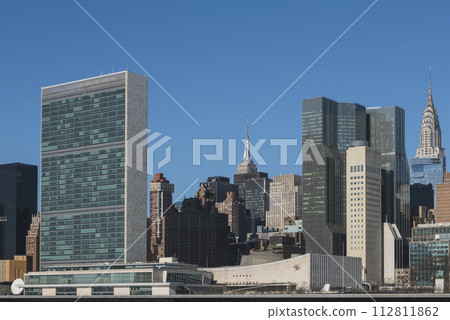 United Nations Building View on a Clear Blue day, Midtown Manhattan skyline, New York City 112811862