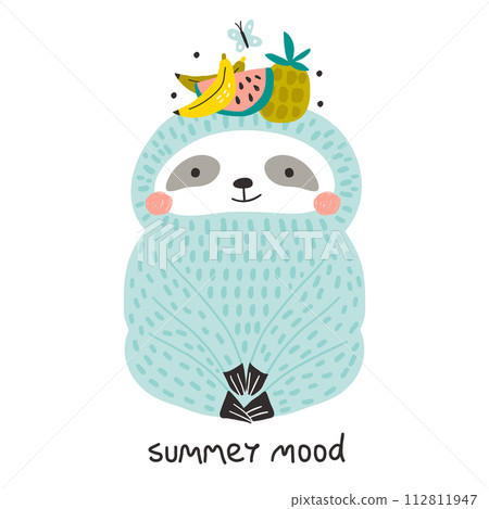 Cute funny cloth with fruits on head childish print. Perfect for t-shirt, apparel, cards, poster, nursery decoration. Vector Illustration Cute funny cloth with fruits on head childish print. Perfect for t-shirt, apparel, cards, poster, nursery decoration. Vector Illustration 112811947