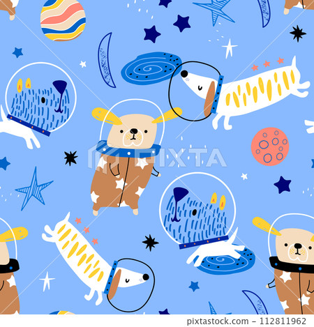 Seamless childish pattern with funny dogs astronauts. Space texture with cute pets. Vector illustration 112811962