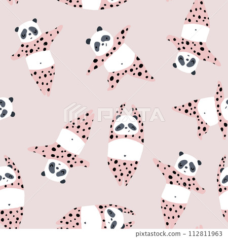 Seamless pattern with cute panda doing yoga. Cartoon creative pink panda texture. Vector illustration 112811963