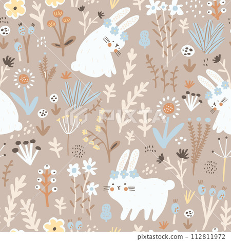 Seamless childish floral pattern with cute hand drawn rabbits. Creative pastel kids hand drawn texture for fabric, wrapping, textile, wallpaper, apparel. Vector illustration Seamless childish floral pattern with cute hand drawn rabbits. Creative pastel kids hand drawn texture for fabric, wrapping, textile, wallpaper, apparel. Vector illustration 112811972