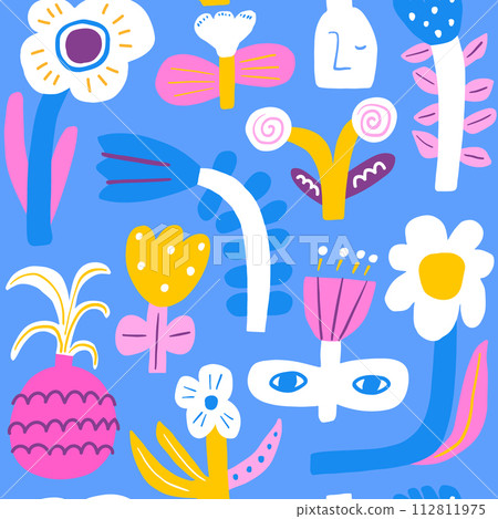 Seamless modern style floral pattern. Simple abstract flowers with eyes. Blossom blue vector background great for fabric, textile Seamless modern style floral pattern. Simple abstract flowers with eyes. Blossom blue vector background great for fabric, textile 112811975