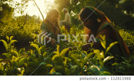 Indian women picking tea leaves in tea garden. 112811988
