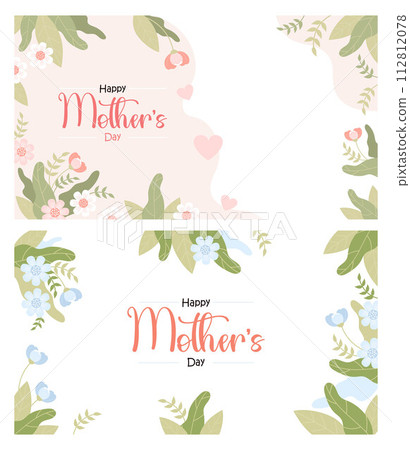 Floral banners Happy Mothers Day. Pink and blue flowers on white background with congratulations inscription. Horizontal isolated festive posters. Vector illustration in flat style 112812078