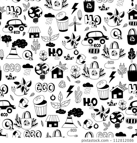 Ecology lifestyle seamless pattern. Ecology hand drawn on white background. Vector illustration in hand drawn doodle style. 112812086