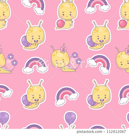 Seamless pattern with cute snail characters stickers on pink background. kawaii insects with balloon, flowers and rainbows. Cool vector illustration. Kids collection. Seamless pattern with cute snail characters stickers on pink background. kawaii insects with balloon, flowers and rainbows. Cool vector illustration. Kids collection. 112812087