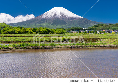【山梨縣】初夏大雪的富士山和綠意盎然的富士吉田鄉村公園的田園風光 112812182