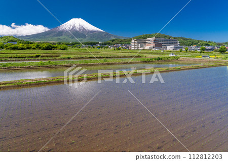[Yamanashi Prefecture] Mt. Fuji with a heavy snow cap in early summer and the rural scenery of Fujiyoshida Rural Park with fresh greenery 112812203