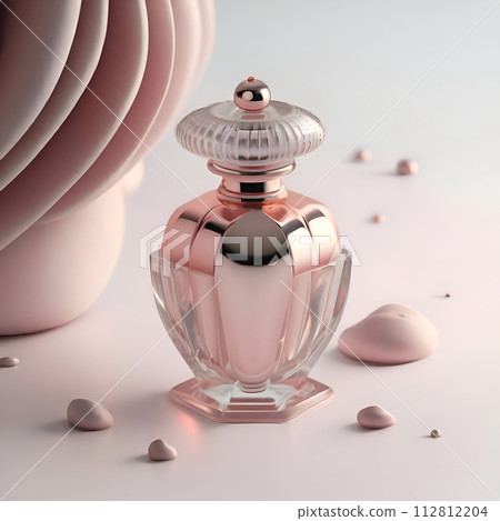3D render design of a bottle with perfume against pink design background for branding. soft dusty pink hue. close up. Ai generated. 3D render design of a bottle with perfume against pink design background for branding. soft dusty pink hue. close up. Ai generated. 112812204