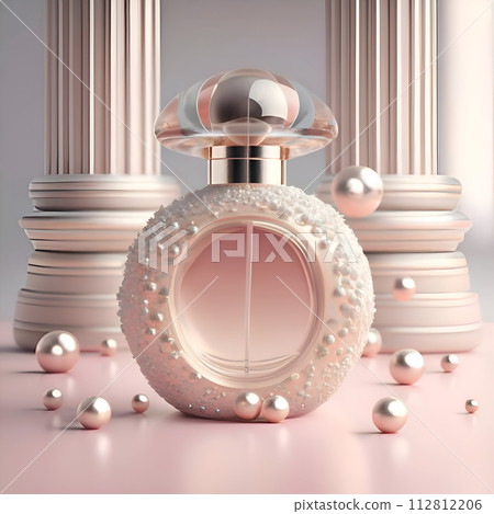 3D render design of a bottle with perfume against pink design background for branding. soft dusty pink hue. close up. Ai generated. 112812206