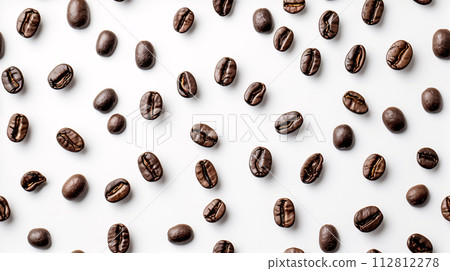 Coffee beans artfully arranged on the white background create a mesmerizing pattern Coffee beans artfully arranged on the white background create a mesmerizing pattern 112812278