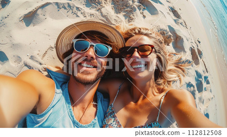 Attractive Couple Taking Selfie on Beach, Summer Background 112812508