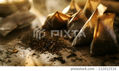 Herbal tea bags and loose leaves form an artful composition, evoking a sense of tranquility Herbal tea bags and loose leaves form an artful composition, evoking a sense of tranquility 112812518