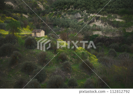 A countryside rural house, a farmhouse in the olive grove valley in mountains in the province of Jaen in Spain at sunset 112812792