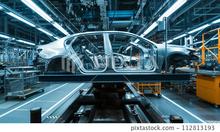 A vehicle stands on the production line within a factory, undergoing assembly with precision and care 112813193