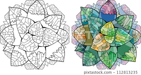 Succulent houseplant on mandala. Print shape home plant urban tropical jungle decor. Color and outline set 112813235