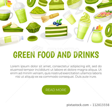 Green Dessert Banner Design with Sweet Pastry and Confection Vector Template 112813338
