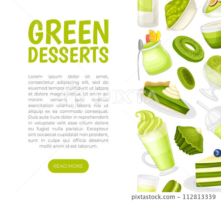 Green Dessert Banner Design with Sweet Pastry and Confection Vector Template 112813339