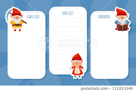 Note Card with Fantastic Gnome Character in Red Pointed Hat Vector Set 112813340
